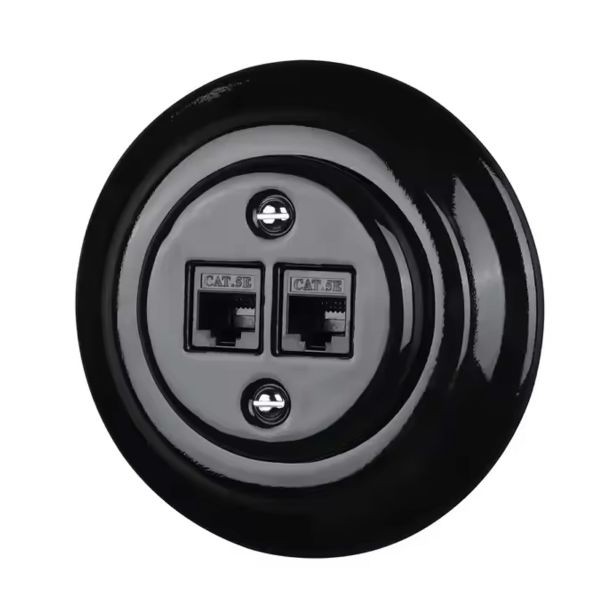 Dupla RJ45 aljzat – fekete porcelán kerettel (2×RJ45, CAT5e/CAT6)